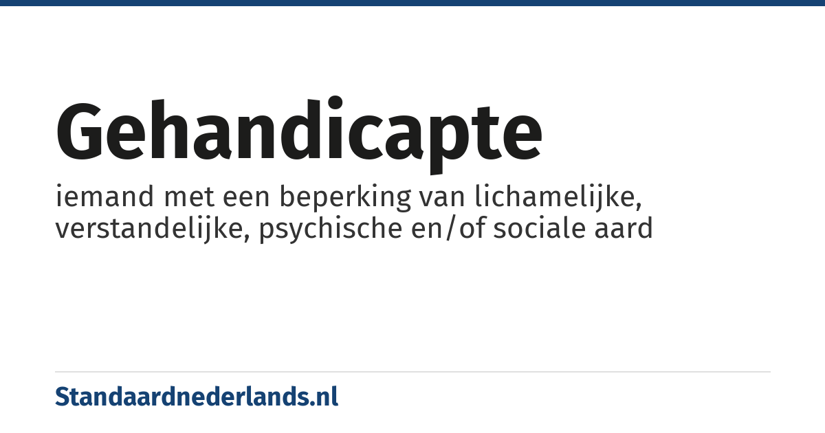 gehandicapte: iemand met een beperking van lichamelijke, verstandelijke, psychische en/of sociale aard