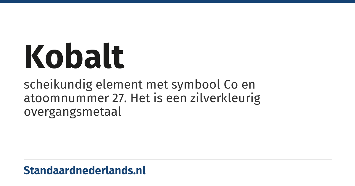 kobalt: scheikundig element met symbool Co en atoomnummer 27. Het is een zilverkleurig overgangsmetaal