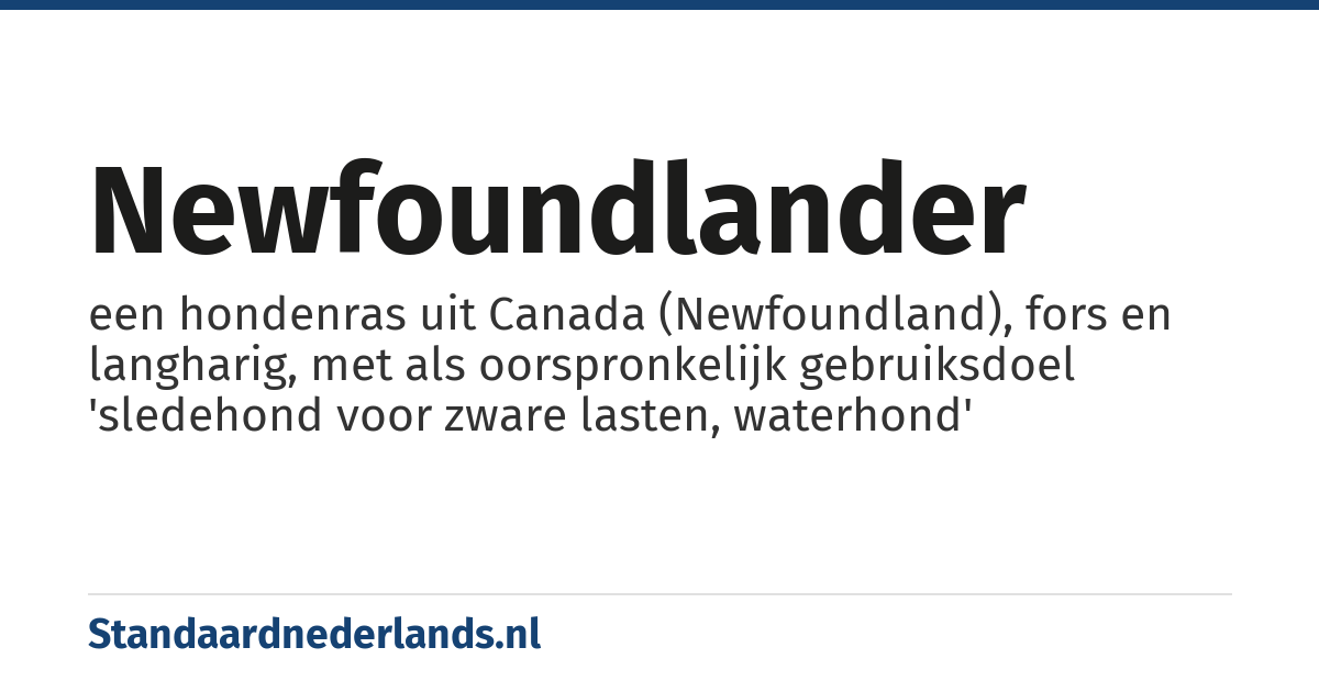 newfoundlander: een hondenras uit Canada (Newfoundland), fors en langharig, met als oorspronkelijk gebruiksdoel 'sledehond voor zware lasten, waterhond'